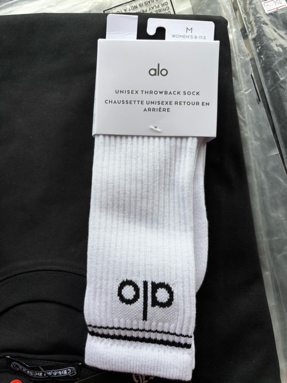 ALO Yoga White Crew Athletic Socks with Black Logo Stripe